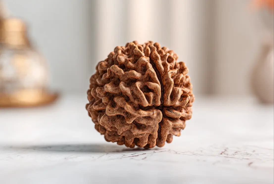 A naturally formed Rudraksha bead on pale stone