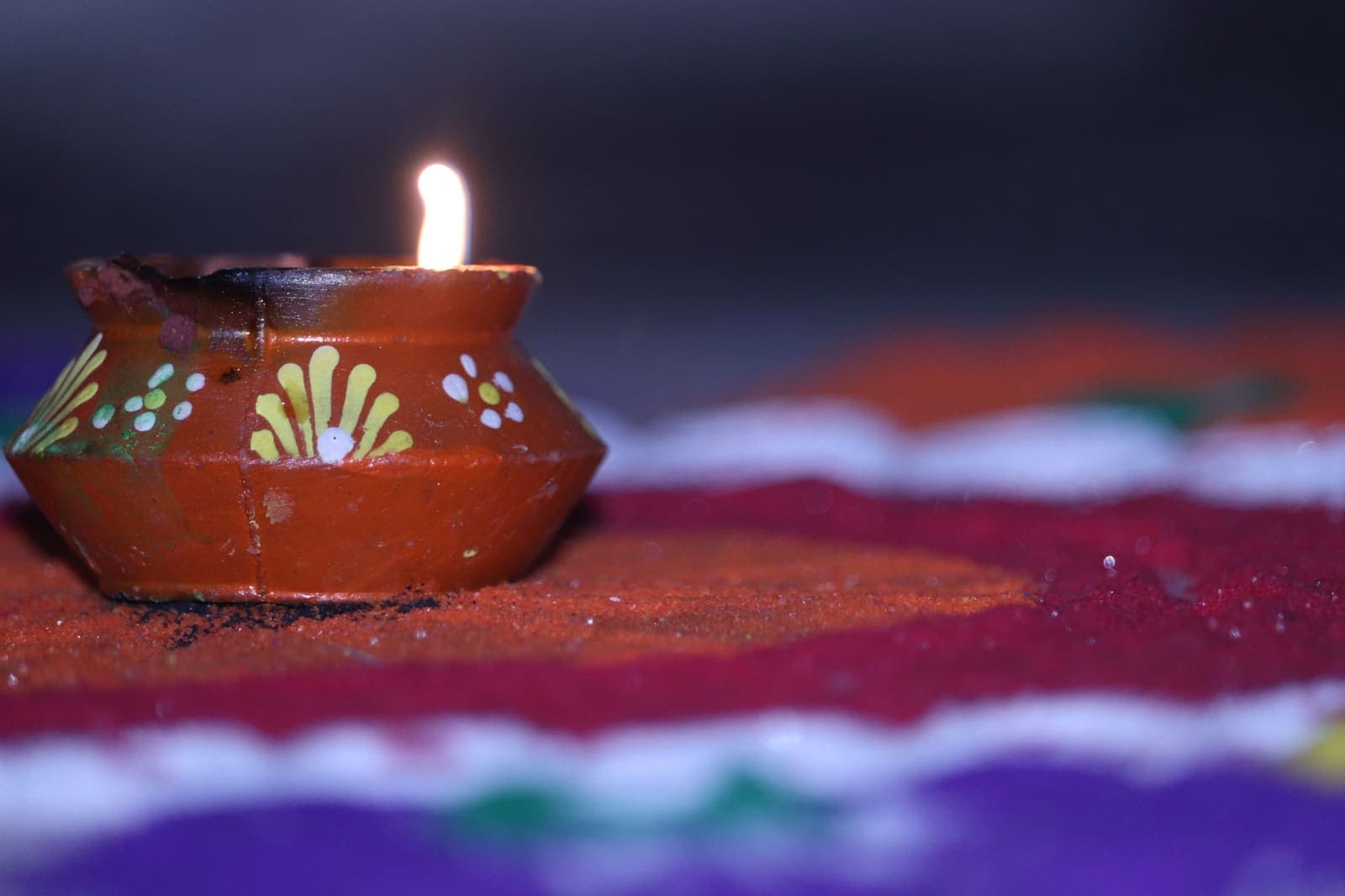 A lit terracotta diya on a colourful rangoli